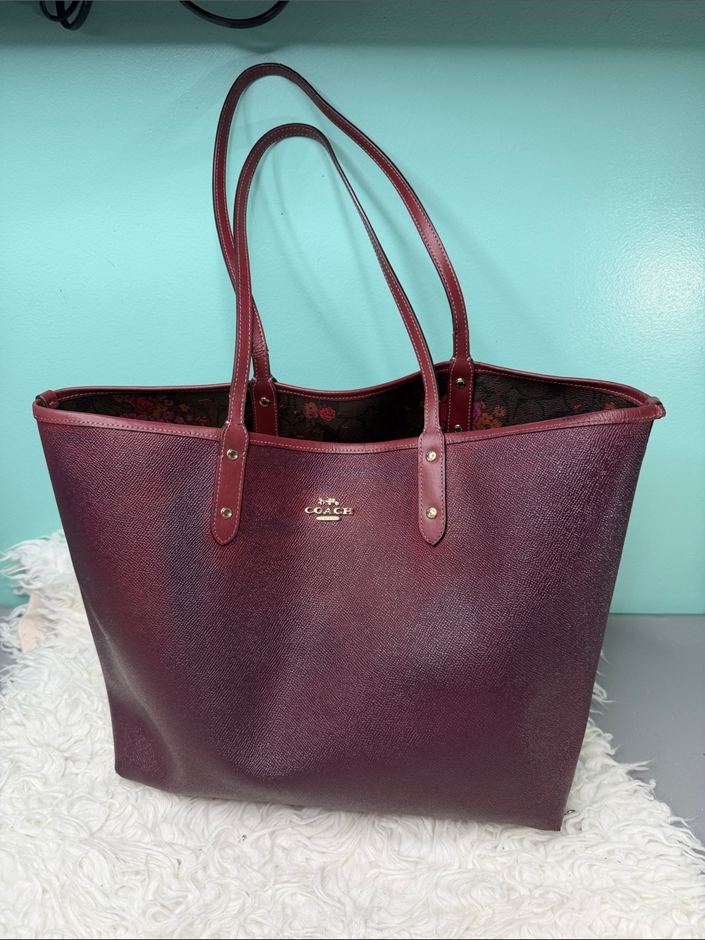 Coach Large Wine Red Leather Tote with Floral Lining
